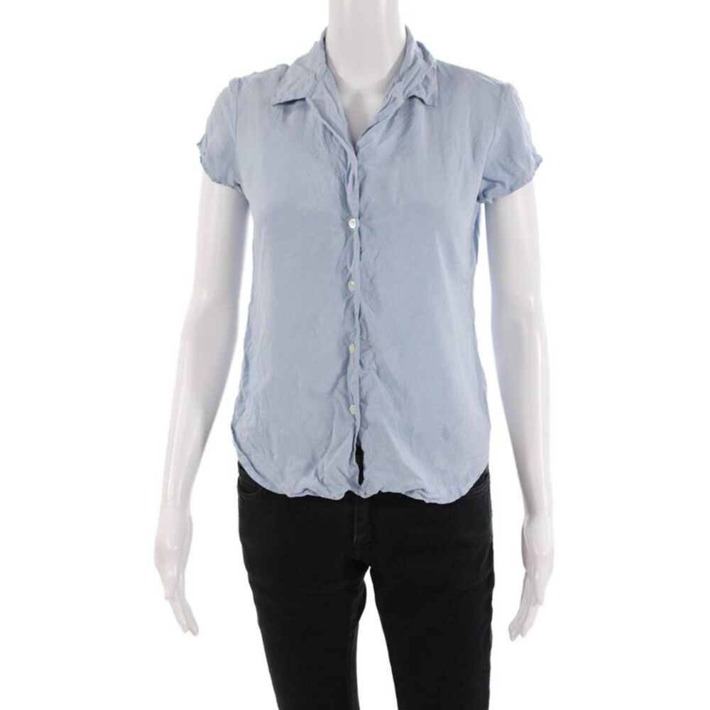 Ann Taylor Women Light Blue Silk Collared Button-Up Blouse Short Sleeve Size 2P